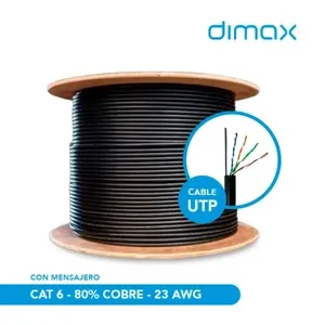 CABLE UTP CAT6 CCAE EXT* MENSAJERO* 23AWG* 4 PARES* 0.5MM* PASS FLUKE, CHAQUETA SIMPLE* 305 METROS* CARRETE DE MADERA*COLOR NEGRO*