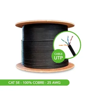 CABLE UTP CAT5E BC EXT* 100% COBRE* 25 AWG* 4 PARES* 0.46MM* PASS FLUKE* CHAQUETA SIMPLE* 305 METROS* CARRETE DE MADERA* COLOR NEGRO*