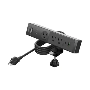 Regleta cortapicos color Negro con sujetador para mesa, 3 tomas, 2mts con interruptor de Encedido /Apagado. 1 Puerto USB A + 1 Puerto USB C (2.1 A). 245 Joules,